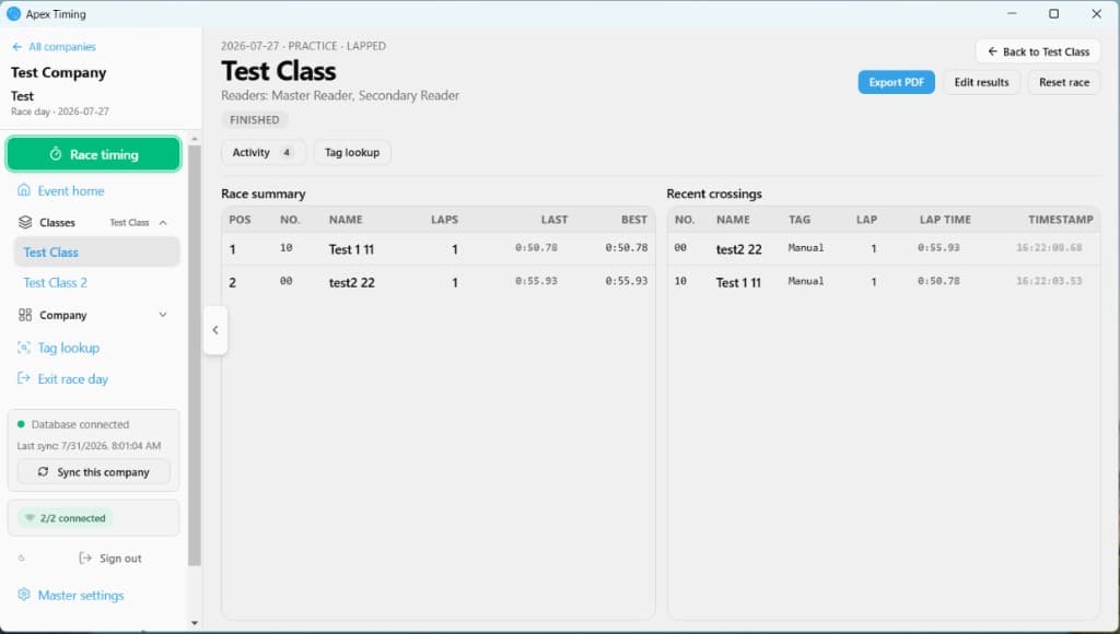Apex Timing live race results dashboard for South African motorsport events