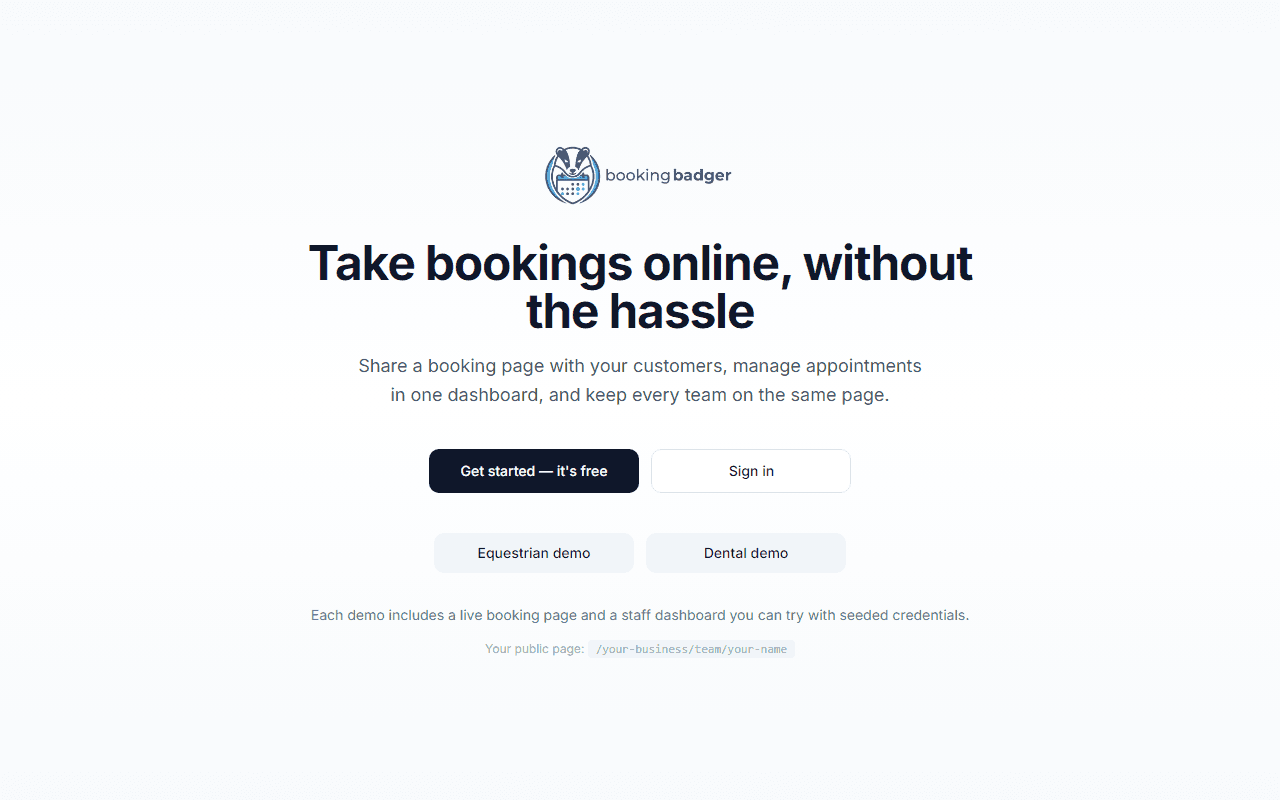 Booking Badger online appointment booking landing page for salons and clinics