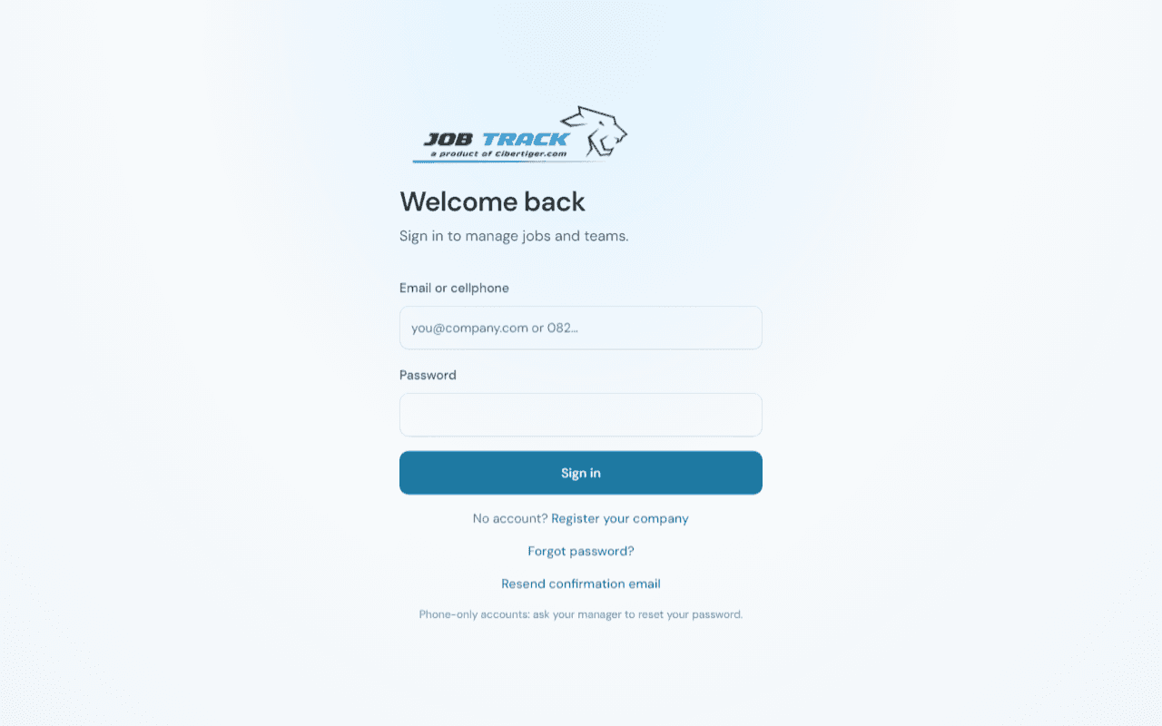Job Track job and team management admin portal sign-in for field service businesses