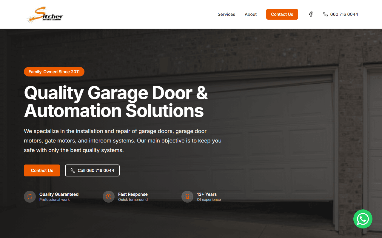 Sitcher Automation garage door and gate motor service business website homepage